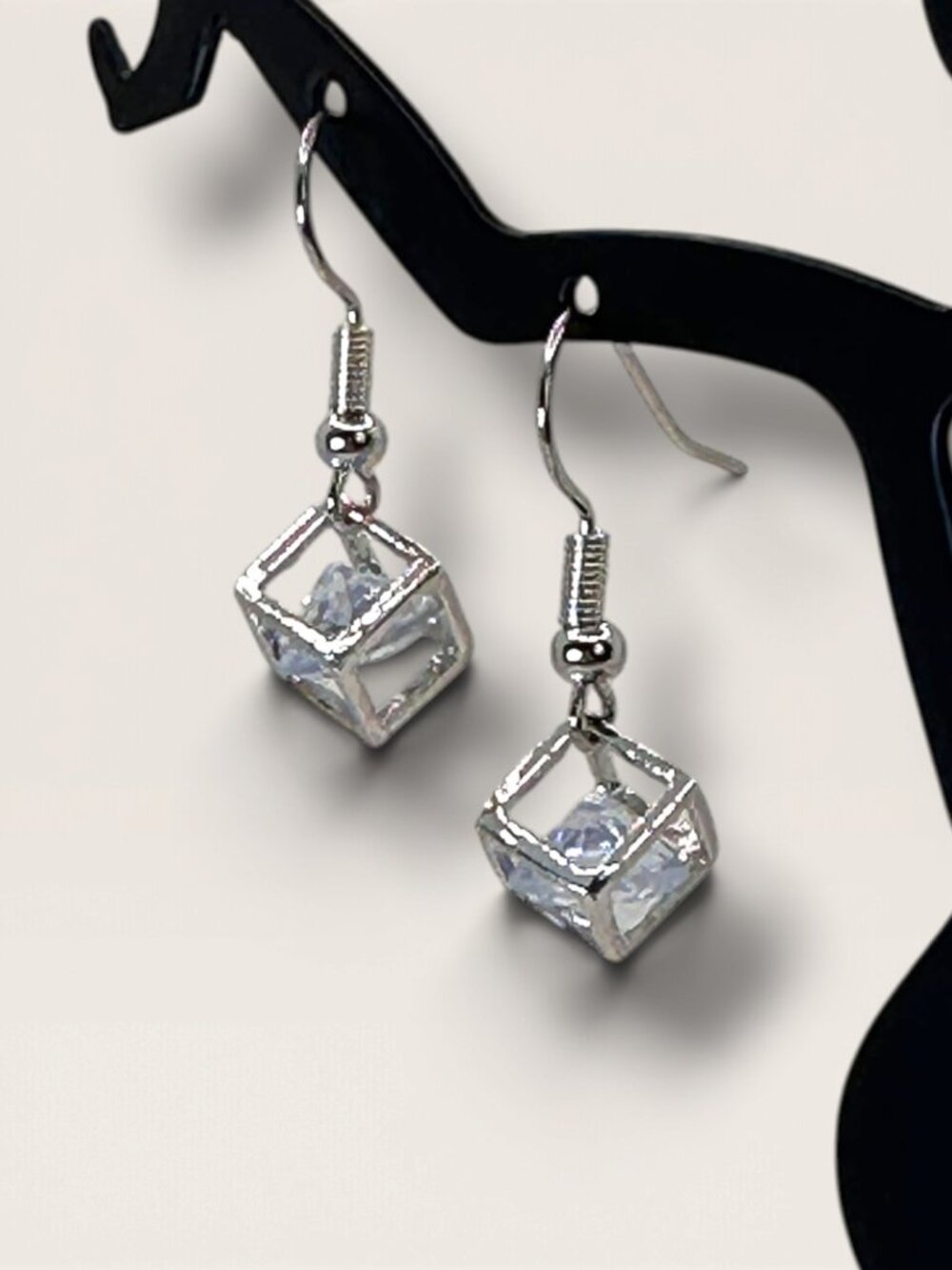 925 Sterling Silver Plated Hollow Cube Crystal Earrings NWOT
